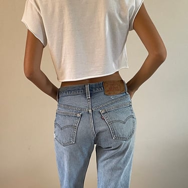 29 Levis 501 vintage faded jeans / vintage boyfriend light wash soft frayed worn in high waisted button fly faded Levis 501 jeans USA | 29 
