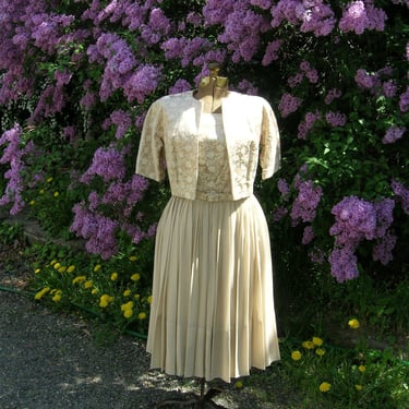 ON SALE 60's Ivory Chiffon Jacquard Party Dress . Vintage Sleeveless Cocktail Dress & Bolero Jacket  L'AGLON Label .Summer Wedding 