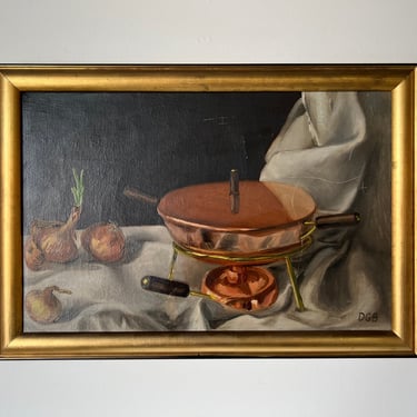 60's Vintage Copper Pot & Onions Impressionist Still Life Oil on Canvas Painting, Signed 