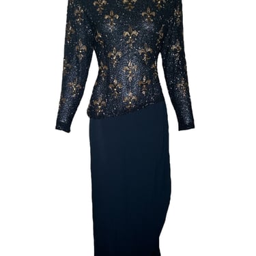 Bob Mackie 1990s Fleur de Lys Beaded Long Sleeve Cocktail Gown