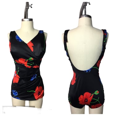 Early 1970s Big Poppy Floral Print Pin Up Style Bathing Suit Swimsuit 