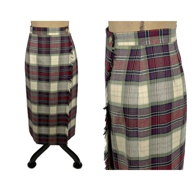 80s Wool Plaid Maxi Wrap Skirt, Medium Petite Long Pencil Skirt, Preppy Academia Fall Winter Clothes Women Vintage 1980s TALBOTS Made in USA 
