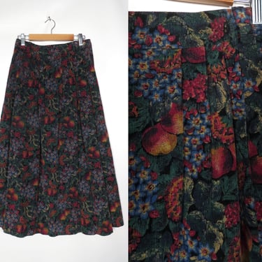 Vintage 80s LL Bean Corduroy Fall/Winter Tone Fruit Print High Waist Pleated Full Midi Skirt With Pockets Made In USA Size 29 Waist 