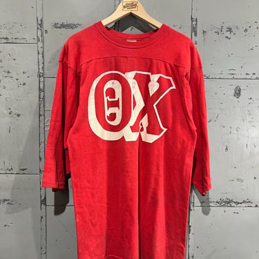 L 60s Theta chi football Jersey tshirt 100% cotton red Hanes 