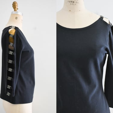 1990s Cache Black Knit Shirt with Cutout Sleeves 