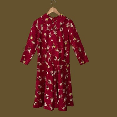 Vintage 70s Red Floral Dress with Beagle Collar 
