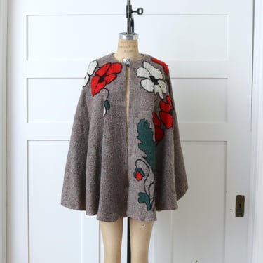 vintage handwoven wool cape • artisan flower & foliage brown flax fiber arts wrap 