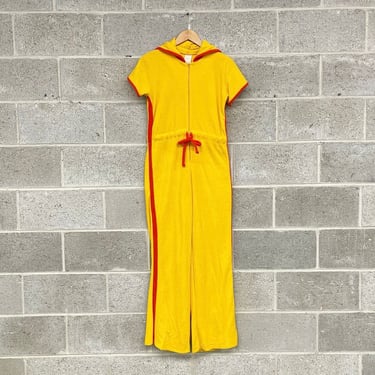 Vintage Jumpsuit Retro 1970s Third Generation + Terry Cloth + Size Medium + Yellow and Red Orange + One Piece + Athletic + Womens Apparel 