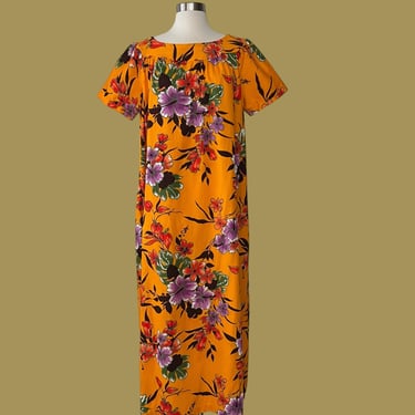 1970s Barkcloth Floral Hawaiian Maxi Dress, Size Estimate Large 
