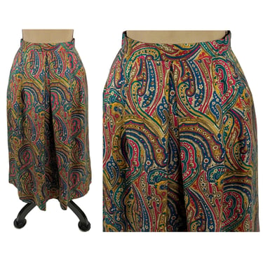 80s 90s Paisley Midi Skirt Medium - Bohemian High Waist Skirt with Pockets - Fall Clothes Women Vintage 