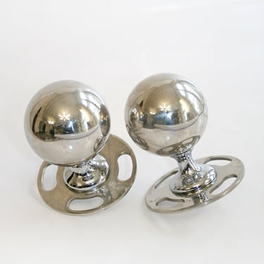 Pair of Chrome Art Deco Push and Pull Main Entrance Door Knobs Handles Ball Orb Round Polished Large Modernist Decorative Mid Century Modern 