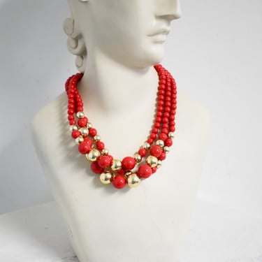 1970s/80s Red Plastic Bead Three Strand Necklace 