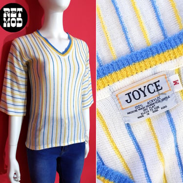 Easy Comfy Vintage 70s White Light Blue & Yellow Stripe Knit Top by Joyce 