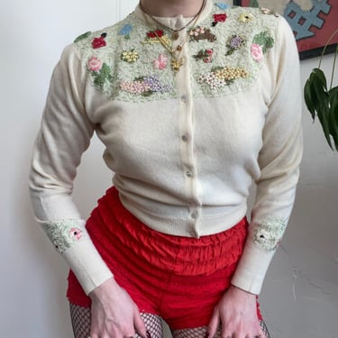 1950s Cashmere Cardigan with Floral Applique and Embroidery size Small 