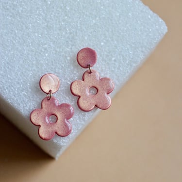 Retro Earring / Pink Clay Flower Statement Earrings  / Gift for Her 