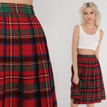 Plaid Wool Skirt 70s School Girl Skirt Red Tartan High Waisted Pleated Punk Preppy Checkered A-Line Buckle Vintage 1970s Extra Small XS S 