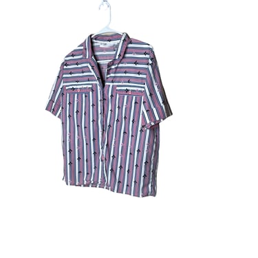 Vintage 80's Gitano Pink White Arrows Striped Button Down Blouse Shirt, Size M 