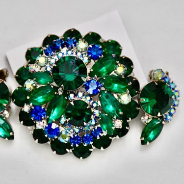 Mid Century JULIANA D&E Verified Brooch with Matching Earrings Gorgeous Deep Blue and Emerald Green Rhinestone Crystals RARE Mint Condition 