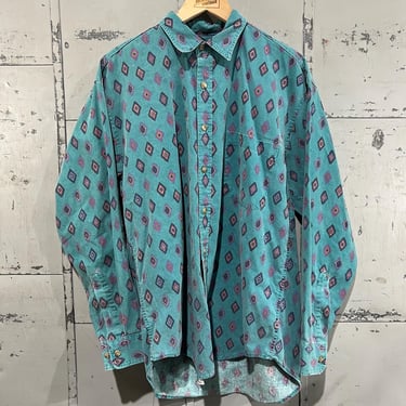 M 90s Aztec Heavy weight blue green cotton flannel Button Up Shirt Men’s M essentials fall 