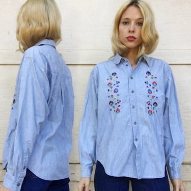 Vintage Liz Wear Light Denim Long Sleeve Button Up Jean Blouse Embroidered Flowers Shirt S 