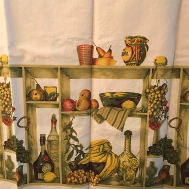 Vintage 1950s Kitchen Scene Novelty Print Fabric 50s Wine Border Print Food Fabric 