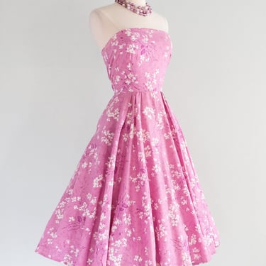 Vintage 1950's Orchid Pink Strapless Floral Cotton Dress / XS