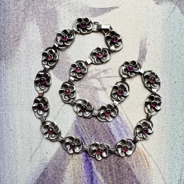 Vintage Mexican Sterling Silver Amethyst Floral Collar Choker Necklace 15.75” 