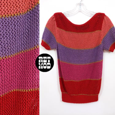 Sweet Vintage 70s 80s Red Purple Pink Stripe Loose Knit Short Sleeve Top 