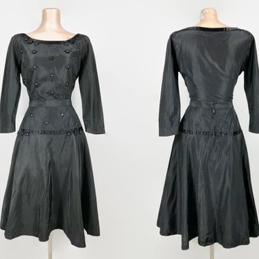 Vintage 1950s Black Taffeta Embellished Full Skirt and Blouse Dress Set By Doris Dodson Juniors | 50s Cocktail Party Dress Separates 