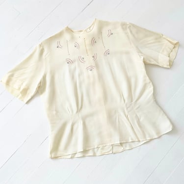 1940s Embroidered Cream Rayon Blouse 