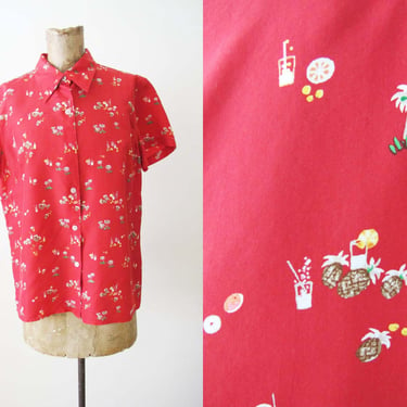 Vintage Silk Tropical Vacation Print Blouse M - 90s Liz Claiborne Red Silk Short Sleeve Button Up - Novelty Print Pineapple Palm Trees 