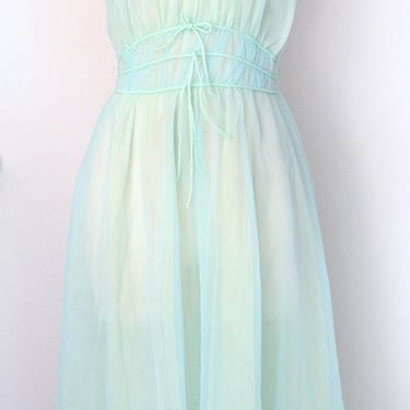 60's Blue & Yellow Sheer Nylon Chiffon Nightgown Vintage 1950's, 1960's Lingerie Dress Nighty Babydoll Mid century 