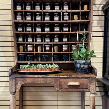 Antique French Desk Cubbies Post Office Postal Storage Rustic Industrial Wooden Wire Mesh Shelves Store Display Craft Storage Tall 2 pc Desk 