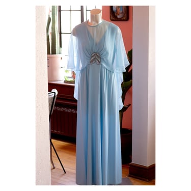 Vintage 1970s Cape Gown - Dreamy Disco Diva Dress - Baby Blue - Sequin Embellished 