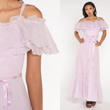 70s Prom Dress Lavender Maxi Dress Ruffled Off Shoulder Party Princess Gown Retro Flutter Girly Pastel Purple Vintage 1970s Extra Small xs 