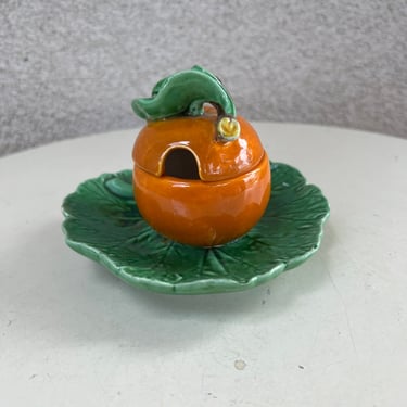 Vintage Fitz & Floyd collectible mini tangerine orange ceramic bowl with lid leaf base 