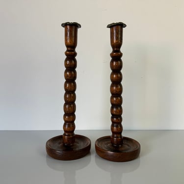 Antique  English Bobbin Turned Oak candlestick holders - A Pair 