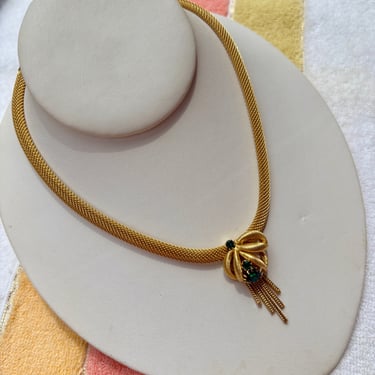 Gold Mesh Necklace with Emerald & Fringe