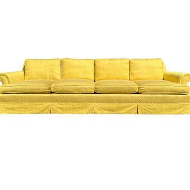 Regency Bright Yellow Fretwork Silk Upholstery Sofa Hollywood Regency Faux Bamboo 