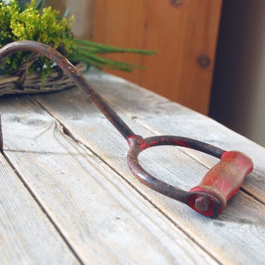 Vintage hay bale hook / vintage ice hook / vintage meat hook / red metal and wood hook / primitive farm tools / rustic decor 