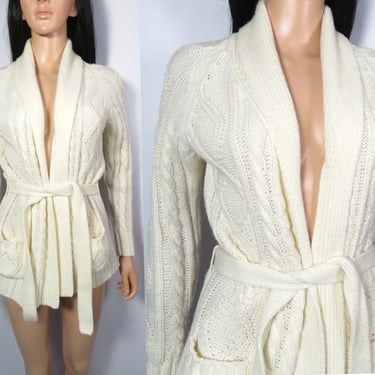 Vintage 70s Ivory Cable Knit Shawl Collar Belted Cardigan Size XS 