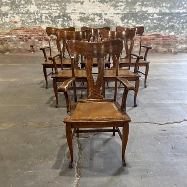 Set of 6 Antique Upholstered Oak Arm Chairs 