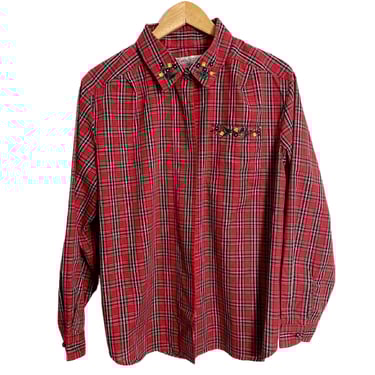 90s vintage plaid shirt with embroidery - size large 
