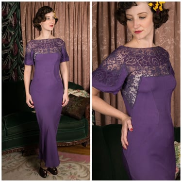 1930s Dress -  Gorgeous Vintage 30s Bias Cut Purple Silk Crepe Backless Evening Gown with Puffed Sleeves As Is, Wounded Bird 