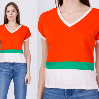70s Catalina Color Block V Neck Top - Small | Vintage Short Sleeve Retro Striped Shirt 