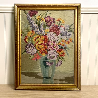 Framed needlepoint vase of flowers - vintage needlework 