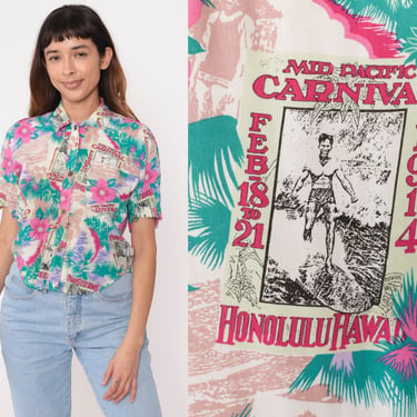 90s Tropical Hawaiian Shirt 1914 Mid-Pacific Carnival Honolulu Surfer Button Up Vintage Surf Floral Vacation Short Sleeve Extra Small xs 