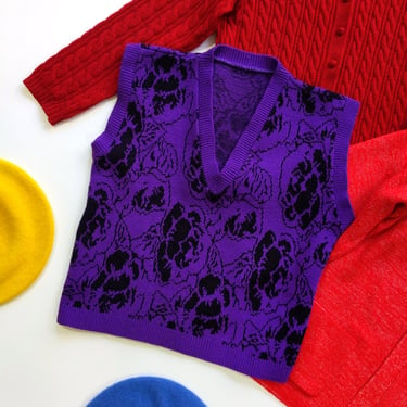 Fun Vintage 80s 90s Purple & Black Floral Sweater Vest Top 