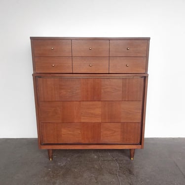 Walnut Wood 5 Drawer Highboy Dresser by LA Period Mid Century Modern Vintage 