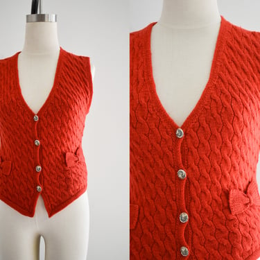 1980s/90s Red-Orange Wool Cable Knit Sweater Vest 